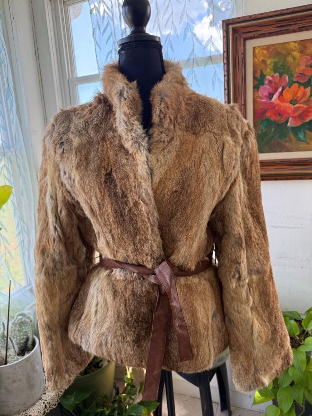 Vintage 70s Womens Sergio Valente Rabbit Fur Short Belted Jacket Coat Sz Large